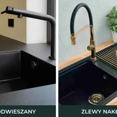 Dwa czarne zlewy w blatach kuchennych: jeden podwieszany z czarną baterią, drugi nakładany z złotą baterią, suszarką i kawiarkami.