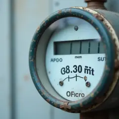 Zbliżenie na cyfrowy licznik gazu z widocznym odczytem 38.30 m³.