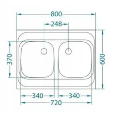 Schemat zlew dwukomorowy wymiary: 800x600 mm, komory 340x370 mm.