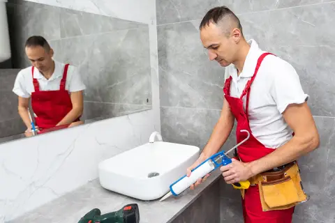 Fachowiec w czerwonym ogrodniczkach przygotowuje się do usuwania starego silikonu z łazienki, trzymając pistolet do silikonu.