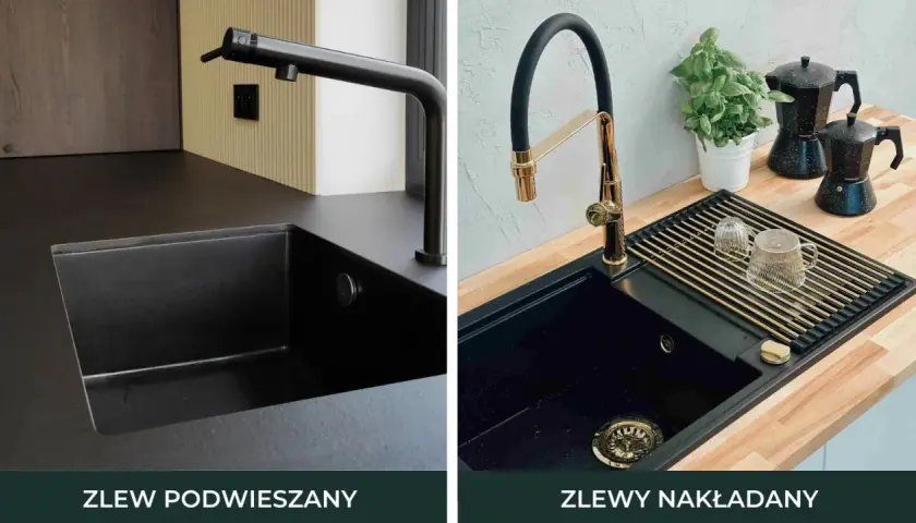 Dwa czarne zlewy w blatach kuchennych: jeden podwieszany z czarną baterią, drugi nakładany z złotą baterią, suszarką i kawiarkami.