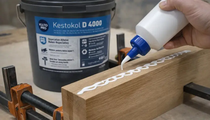 Nakładanie kleju do drewna wodoodpornego Kestokol D 4000 na drewniany element.