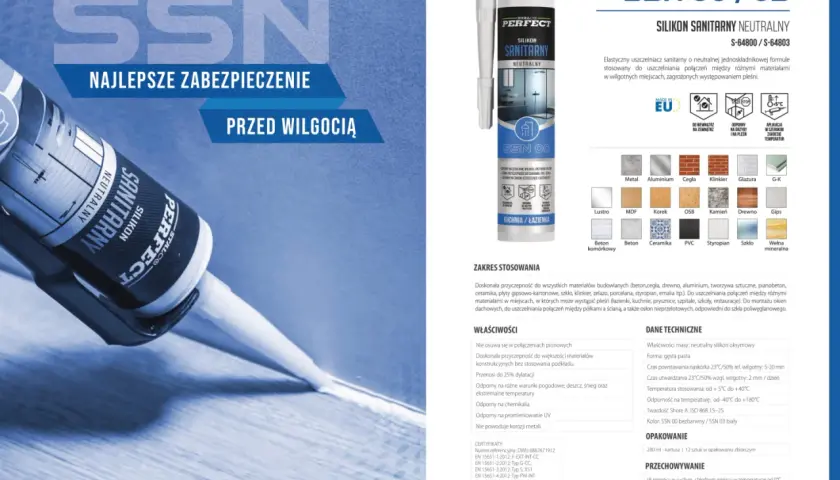 Silikon sanitarny neutralny SSN 00/03 - doskonałe zabezpieczenie przed wilgocią w łazience i kuchni.