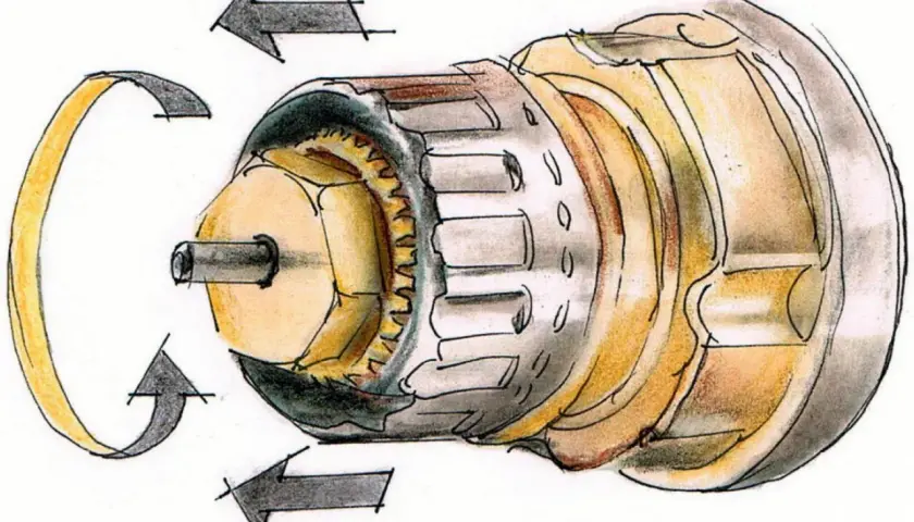 Ilustracja pokazuje mechanizm zaworu grzejnikowego, kluczowy element w procesie jak wymienić głowicę w grzejniku. Strzałki wskazują kierunek obrotu.