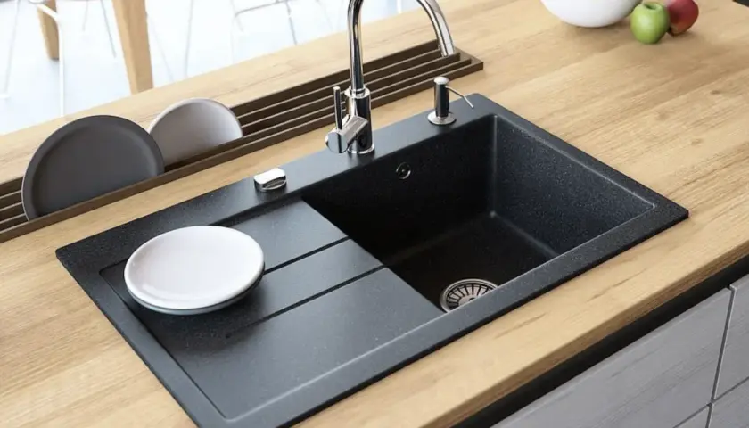 Nowoczesny blat kuchenny z drewnianym wykończeniem, na którym znajduje się czarny zlew granitowy. Pokazano, jak wyciąć otwór w blacie pod zlew granitowy, z widocznym kranem i dozownikiem mydła.