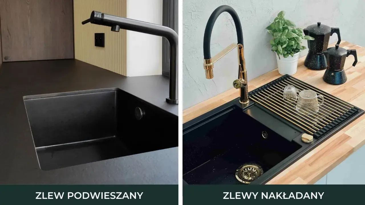 Dwa czarne zlewy w blatach kuchennych: jeden podwieszany z czarną baterią, drugi nakładany z złotą baterią, suszarką i kawiarkami.