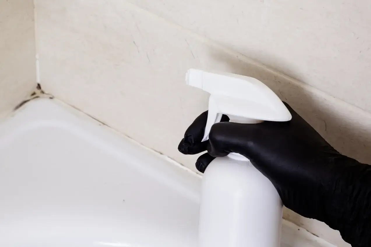 Ręka w czarnej rękawiczce trzyma biały spray. To środek do czyszczenia silikonu, który pomoże usunąć pleśń z fugi w łazience.