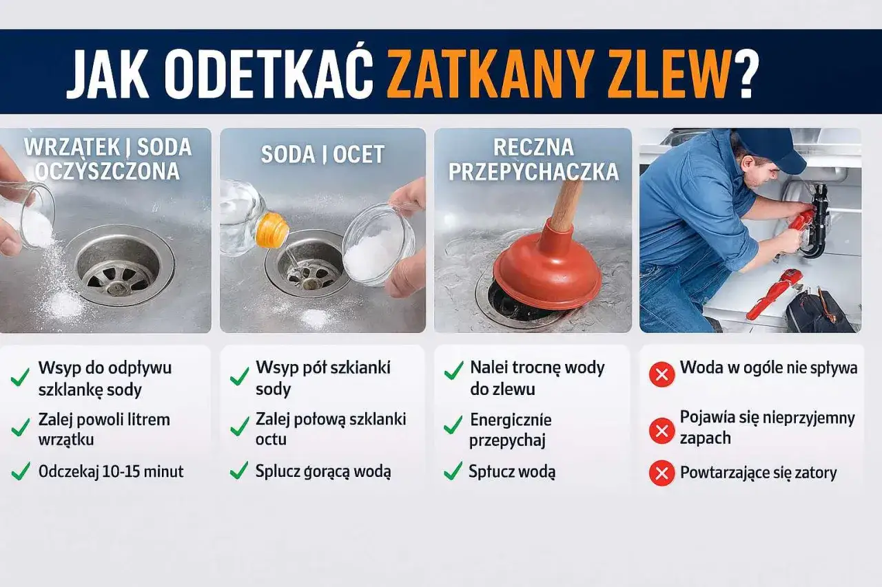 Domowy sposób na zatkany zlew: wsyp sodę i wrzątek, użyj sody i octu lub przepychaczki. Gdy nic nie pomaga, wezwij fachowca.